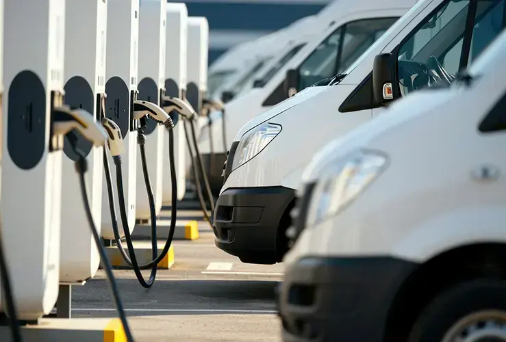 A fleet of electric vans on charge