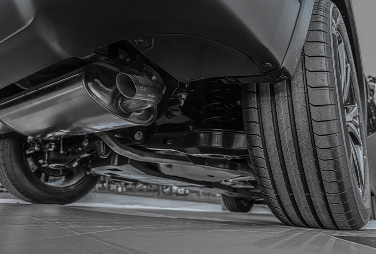 The rear underneath of a car