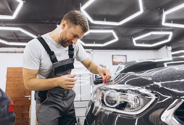 Man putting wrap coating onto car