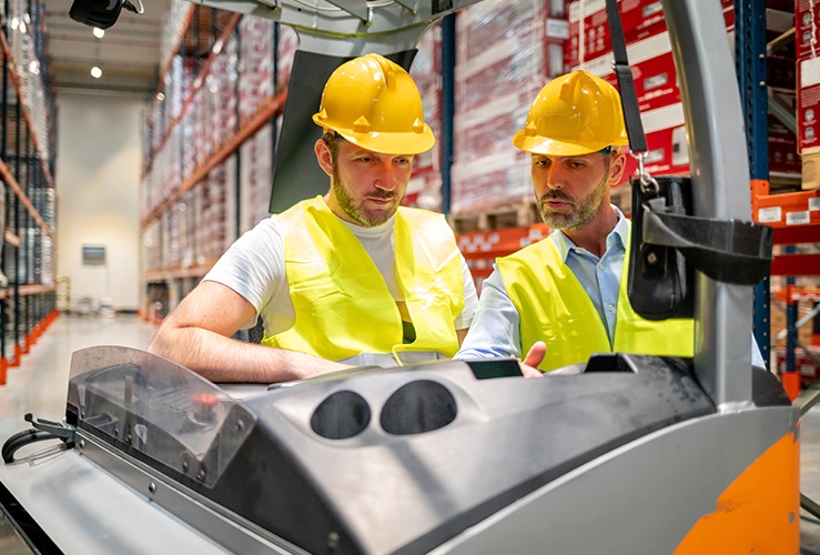 Warehouse worker learns how to use forklift with instructor