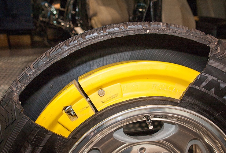 Inside a run-flat tyre showing the reinforced sidewall